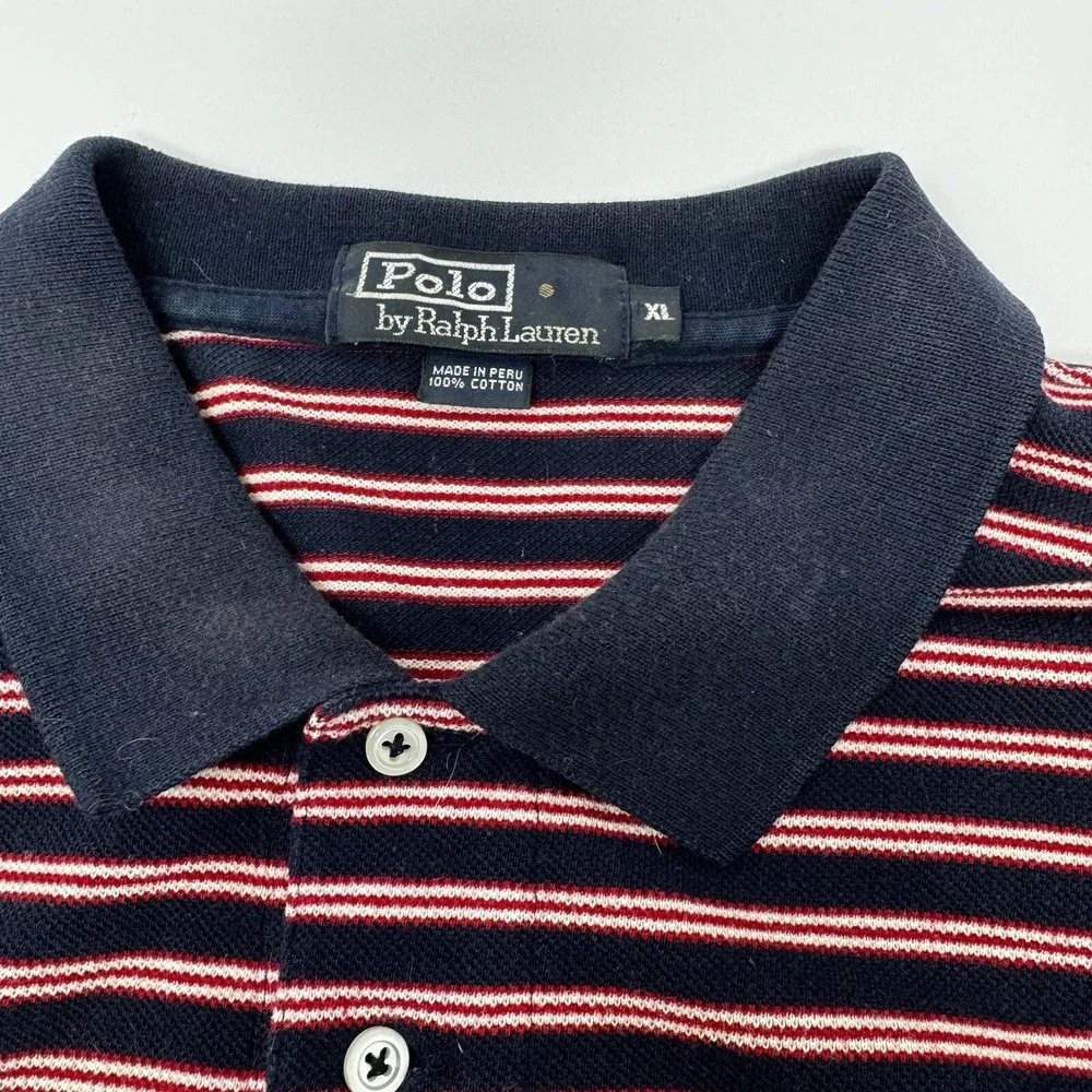 Polo Ralph Lauren Mens XL Striped Golf‎ Crest Polo Shirt Navy Blue Red Cotton